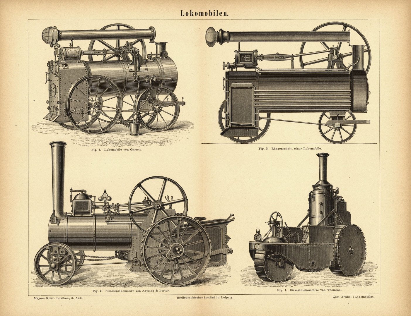 Lokomobilen. Buchillustration (Stich) von 1877