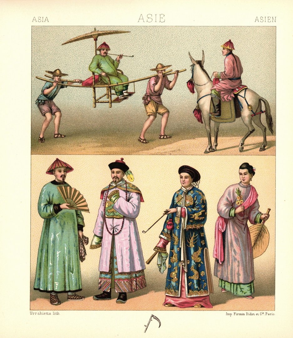 China. Mandarine, Maultier, Tragesessel u.a. Lithografie von 1888. (T87)