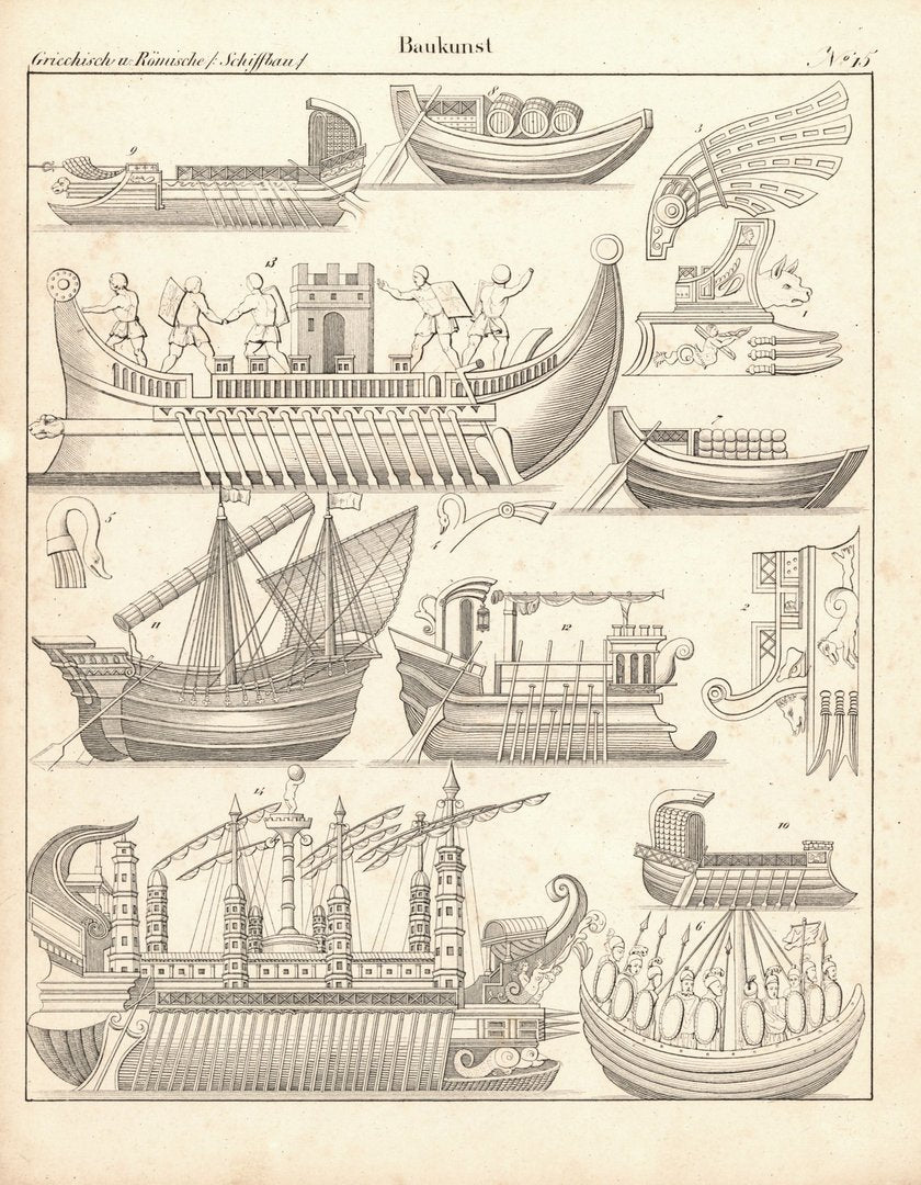 Schiffbau, Griechische und Römische Baukunst Nr. 15. Lithografiertes Blatt von 1830.
