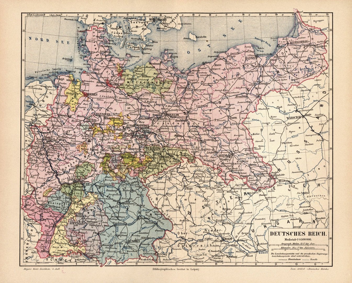 Deutsches Reich. Alte Landkarte von 1889.