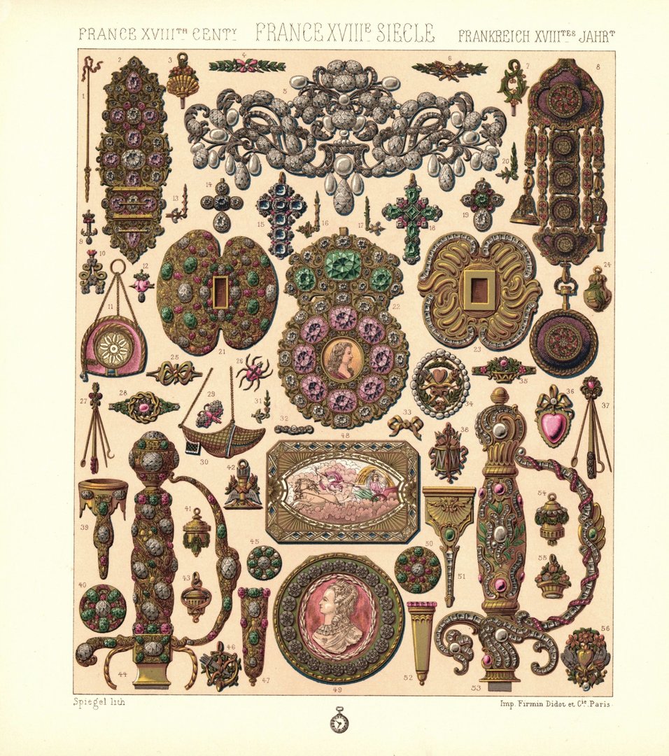 Frankreich. Juwelen. Schmuckgegenstände des 18. Jhd. Lithografie von 1888. (T380)