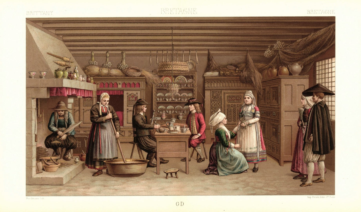 Frankreich. Bretagne, Wohnhaus, Innenraum,. Volkstrachten. Lithografie von 1888. (T499)