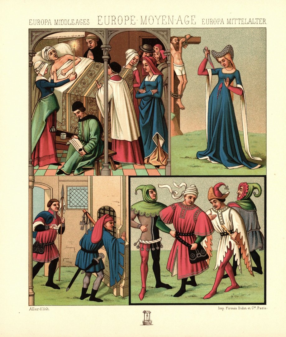 Mittelalter. Frankreich 14. u. 15. Jhd. Notar, Gaukler, Mobiliar. Lithografie von 1888. (T213)