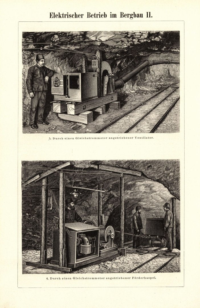Elektrischer Betrieb im Bergbau. Buchillustration (Stich) von 1898