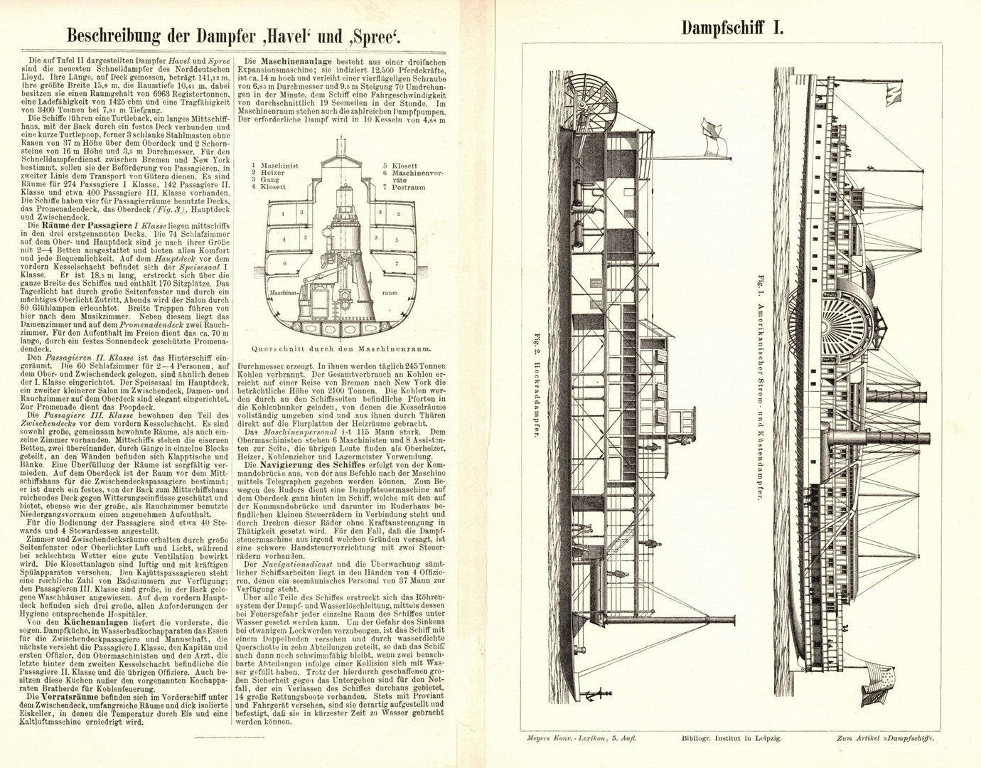 Dampfschiff I-II. Buchillustration (Stich) von 1895
