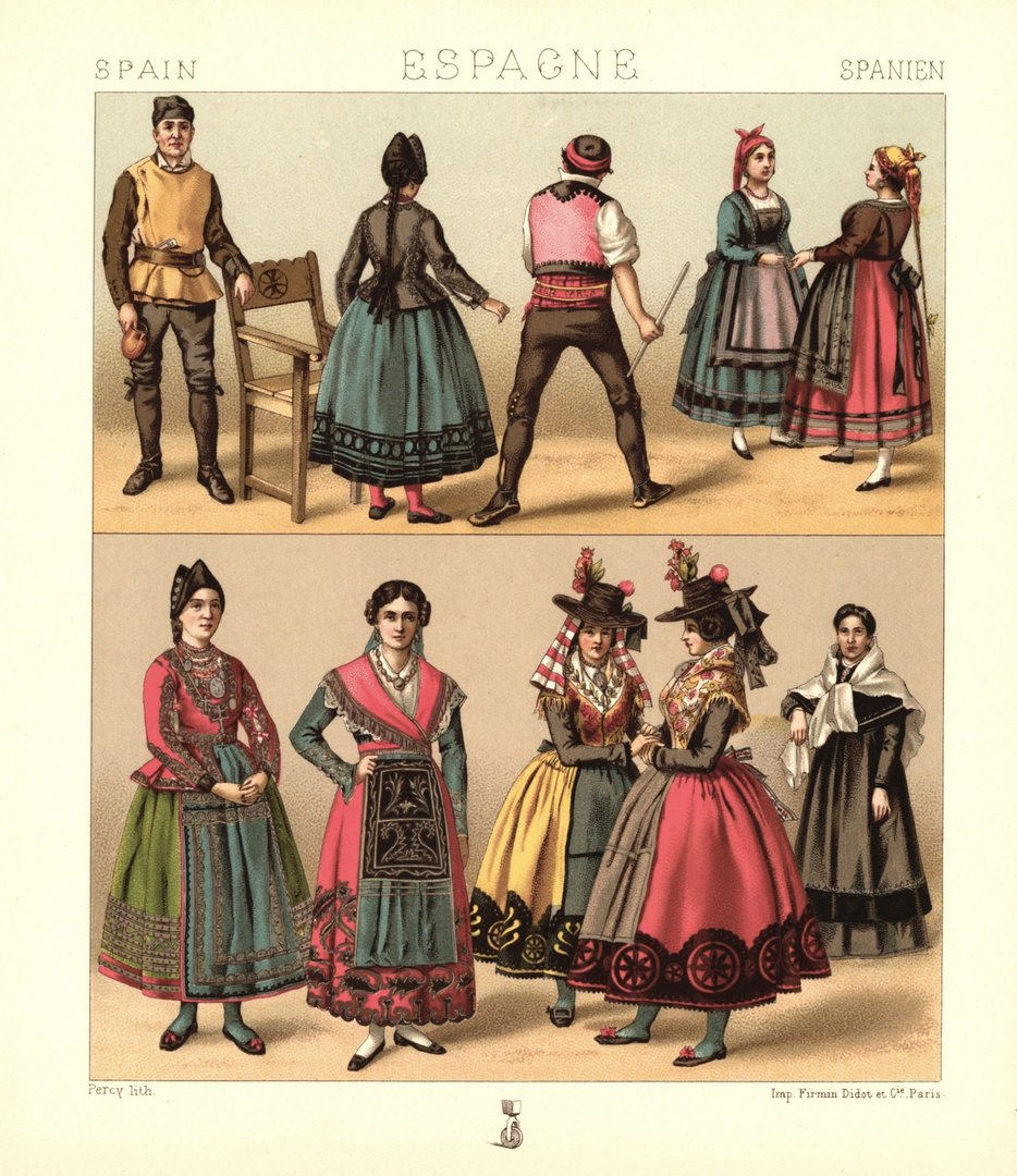 Spanien. Altes Kastilien, Leon. Volkstrachten. Lithografie von 1888. (T472)