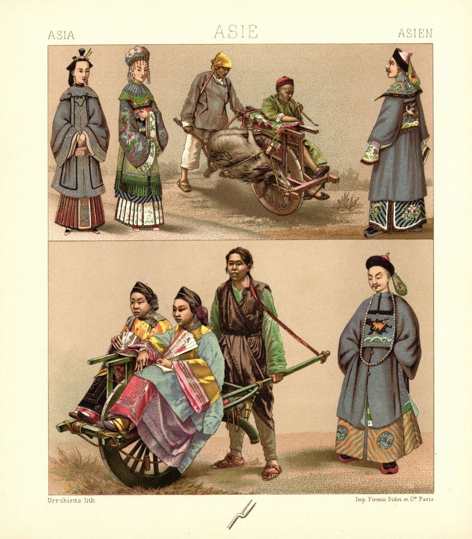 China. Höhere Schichten, Mittelschichten, Arbeiterschicht. Lithografie von 1888. (T88)
