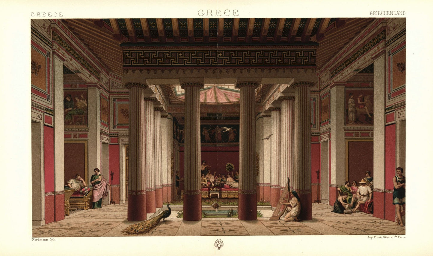 Griechenland. Hauptraum eines reichen Athener Hauses 5. Jhd. v.Chr. Lithografie von 1888. (T27)