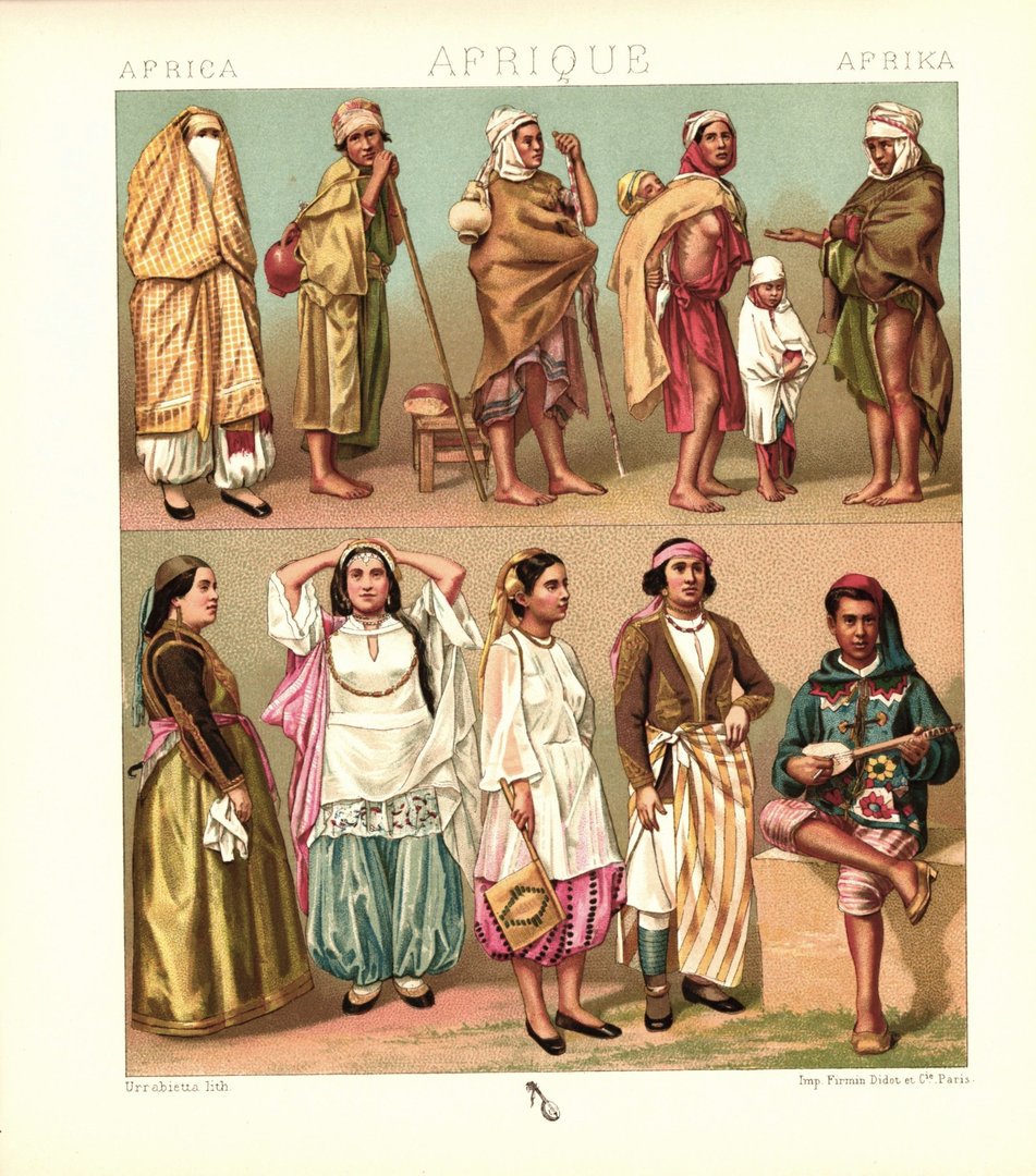 Afrika. Küstenbevölkerung Algeriens. Lithografie von 1888. (T164)