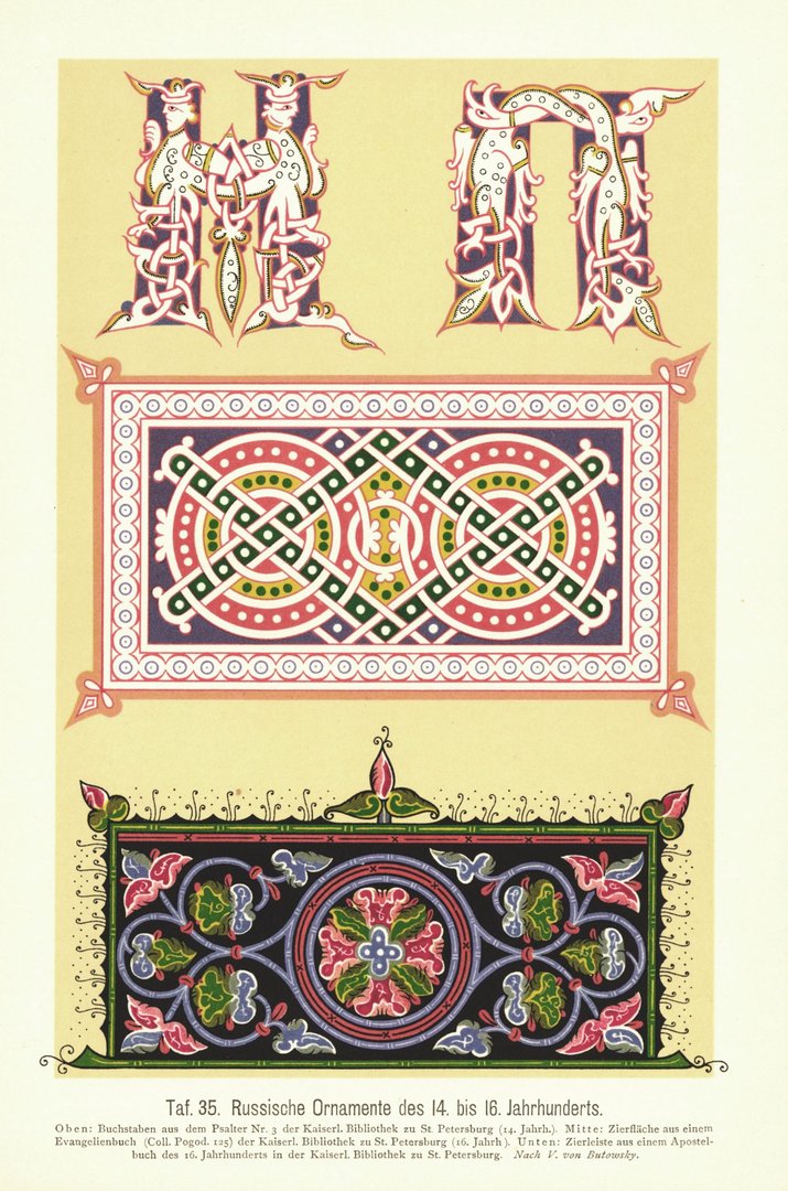 Russische Ornamente des 14. bis 16. Jahrhunderts. Lithografie von 1905