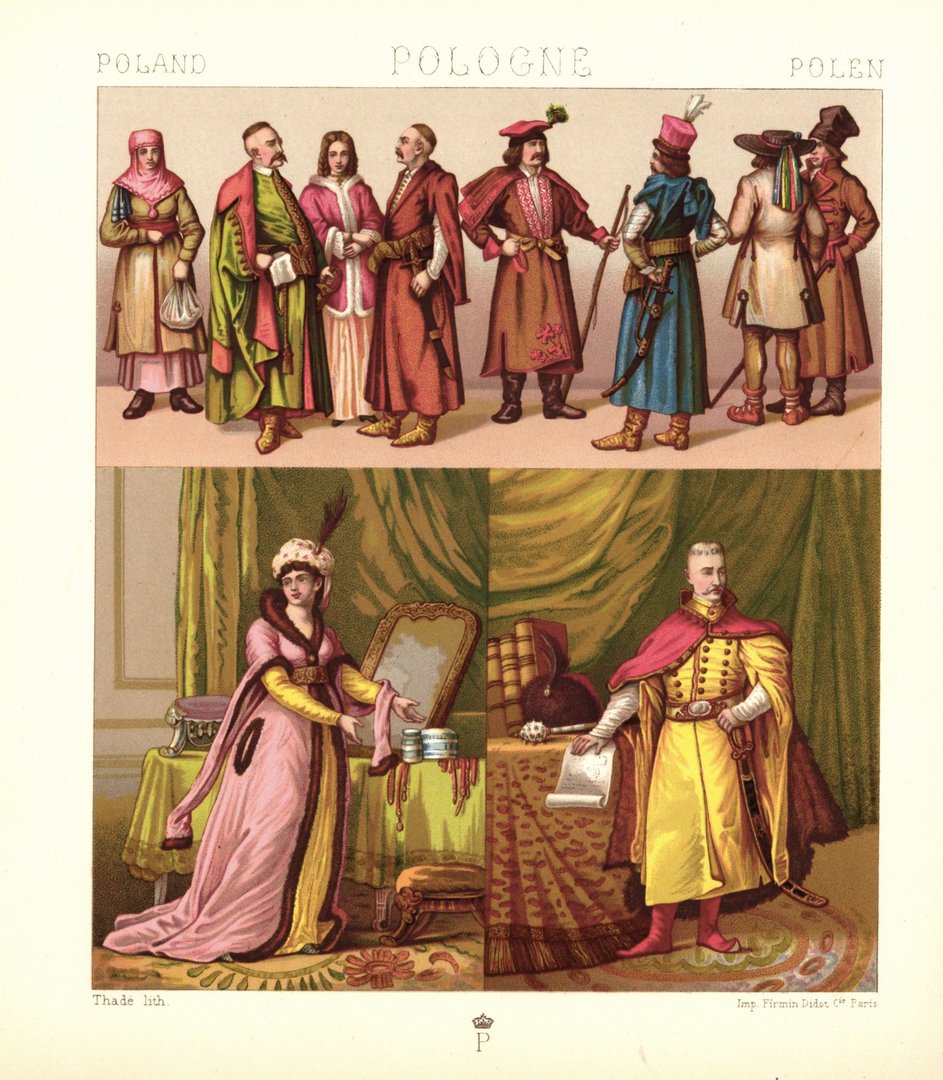 Polen. Kleidung des Adels und des Volkes. 18.-19. Jhd. Lithografie von 1888. (T453)