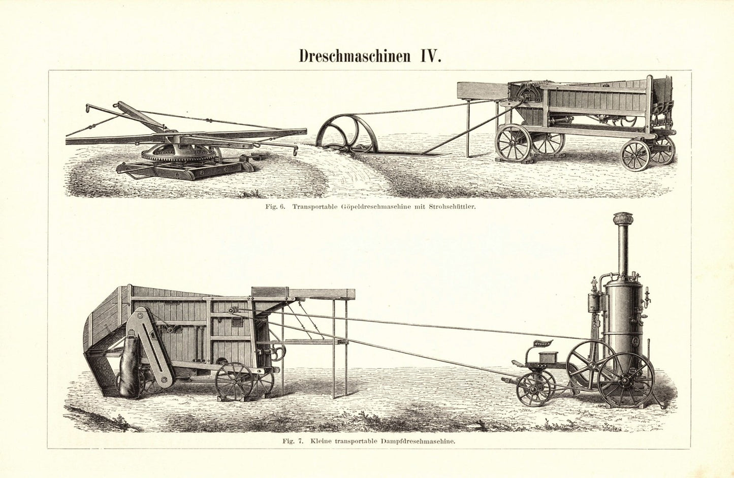 Dreschmaschinen III-IV. Buchillustration (Stich) von 1895