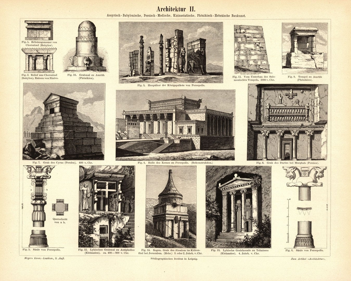 Architektur II. Assyrisch, Babylonisch, Persisch u.a. Buchillustration (Stich) von 1893