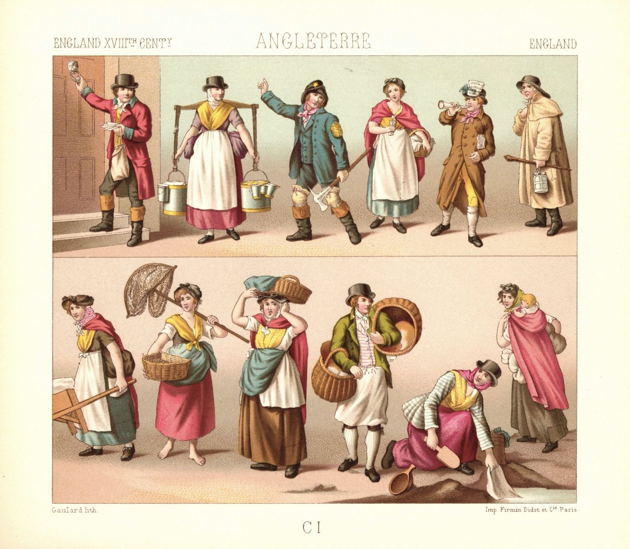 England. Geschichte der Straßenverkäufer in London. Erste Hälfte 19.Jh. Lithografie von 1888. (T429)