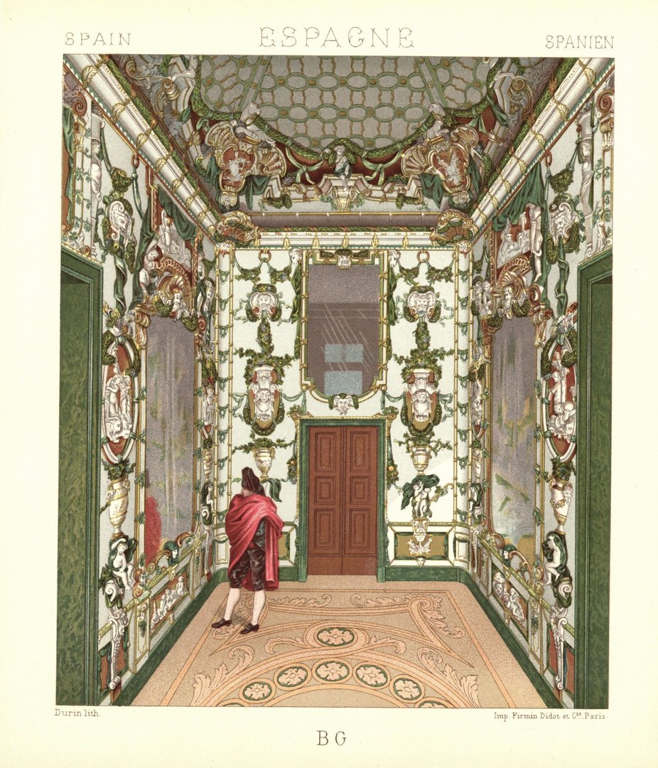 Spanien Königspalast Madrid. Porzellansalon. Lithografie von 1888. (T479)