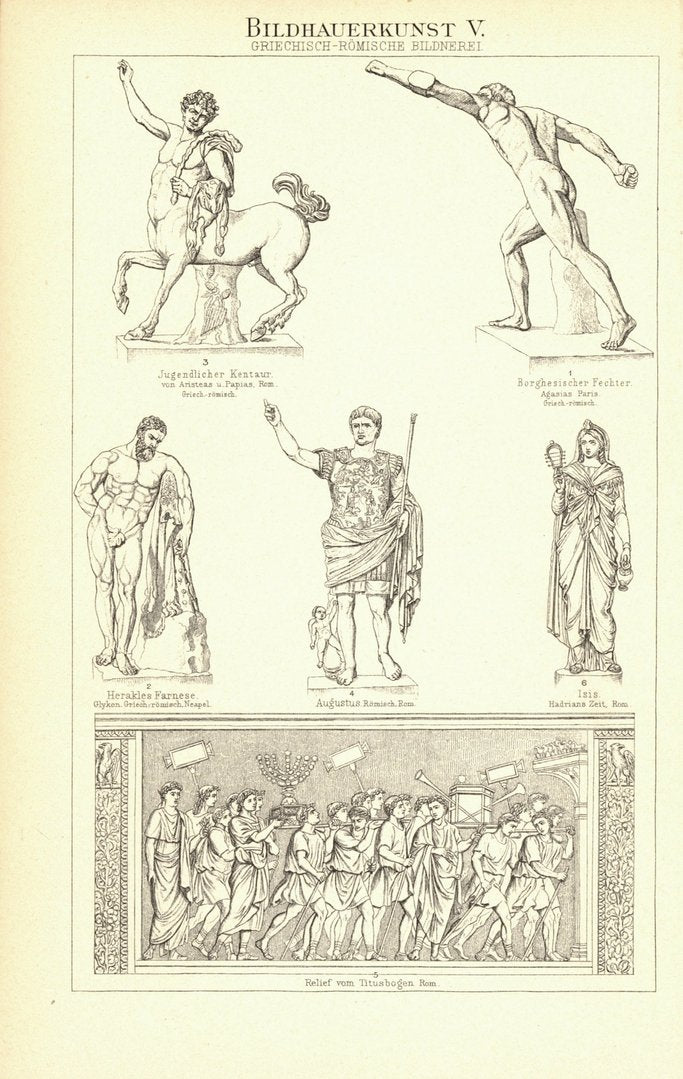 Bildhauerkunst, Etruskische und Griechisch-Römische Bildnerei. Buchillustration von 1894