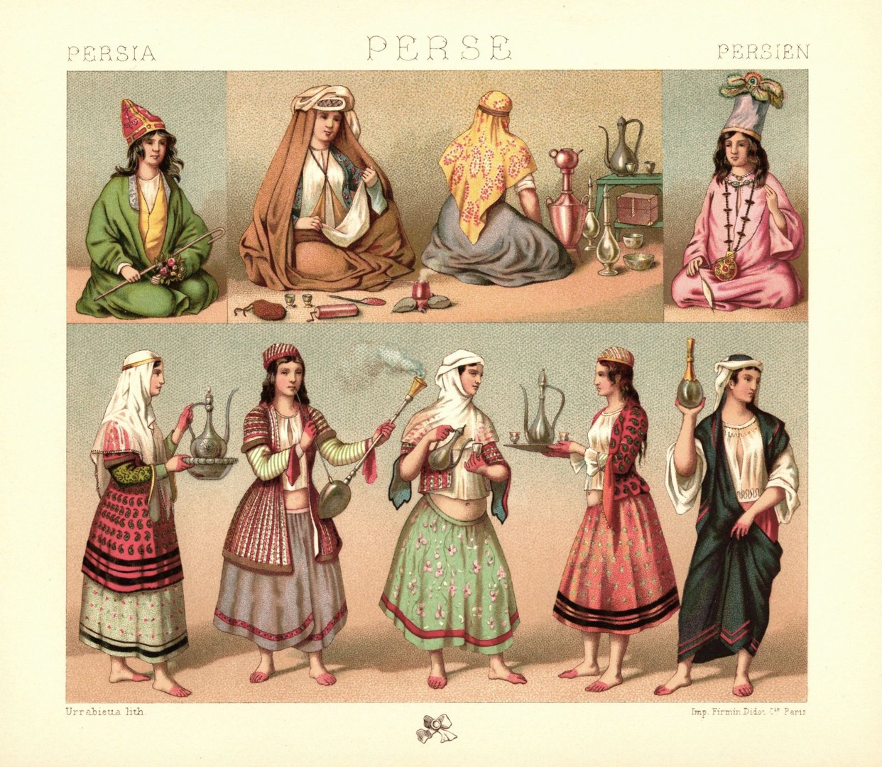 Persien. Dienstpersonal im Haus. Teezubereitung. Samowar. Lithografie von 1888. (T138)
