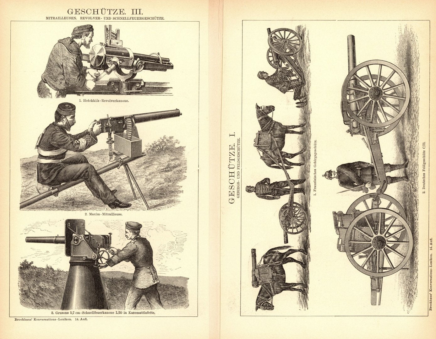Geschütze I-III. Buchillustration (Stich) von 1897