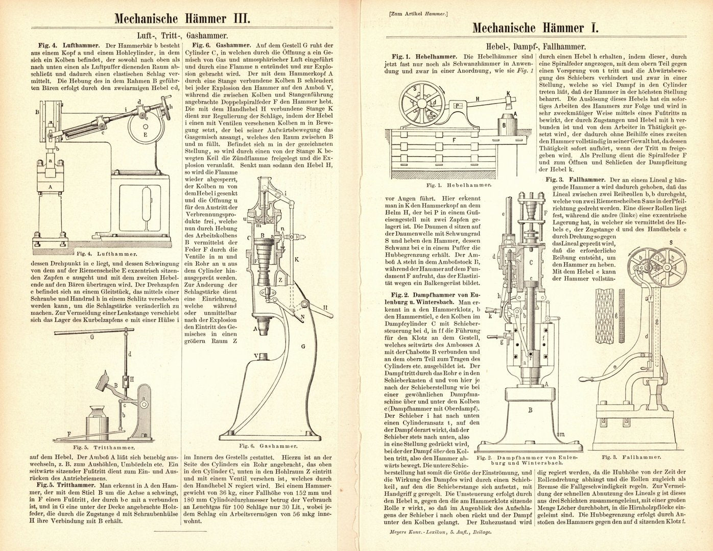 Mechanische Hämmer, Dampfhammer. Buchillustration (Stich) von 1895
