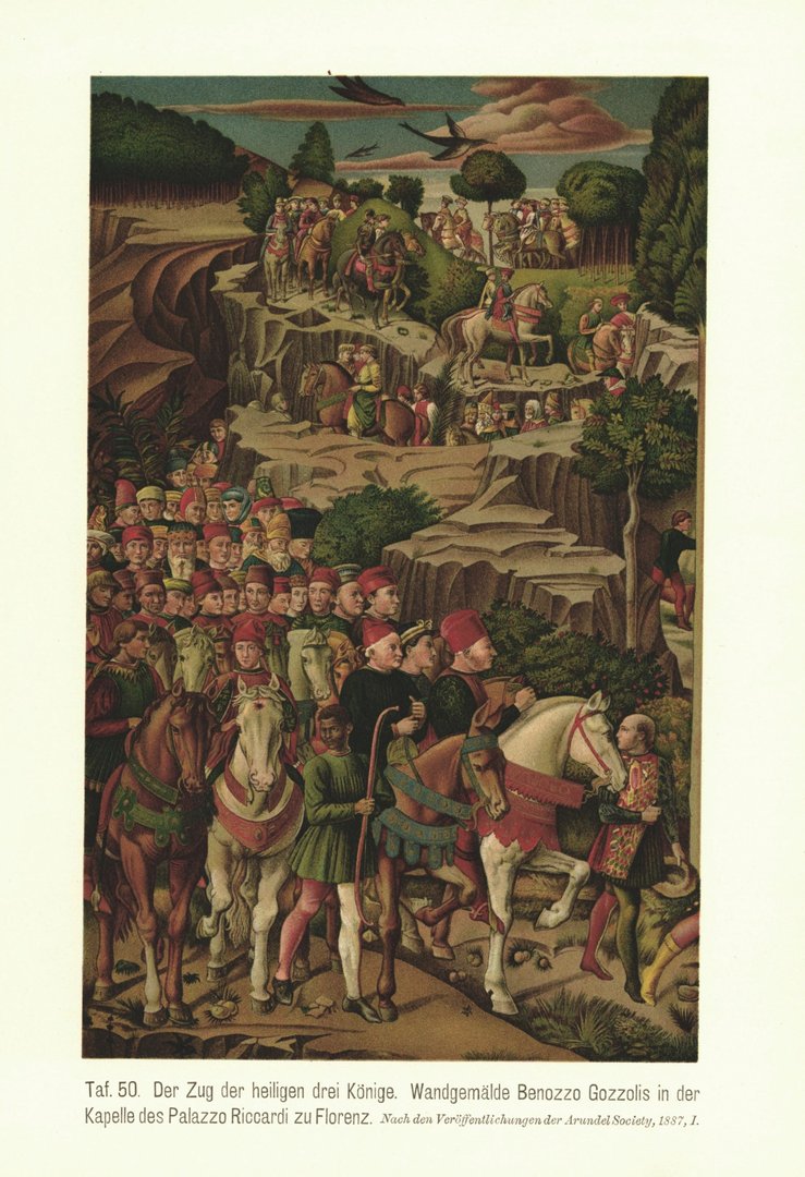 Der Zug der heiligen drei Könige. Wandgemälde Gozzolis. Lithografie von 1905