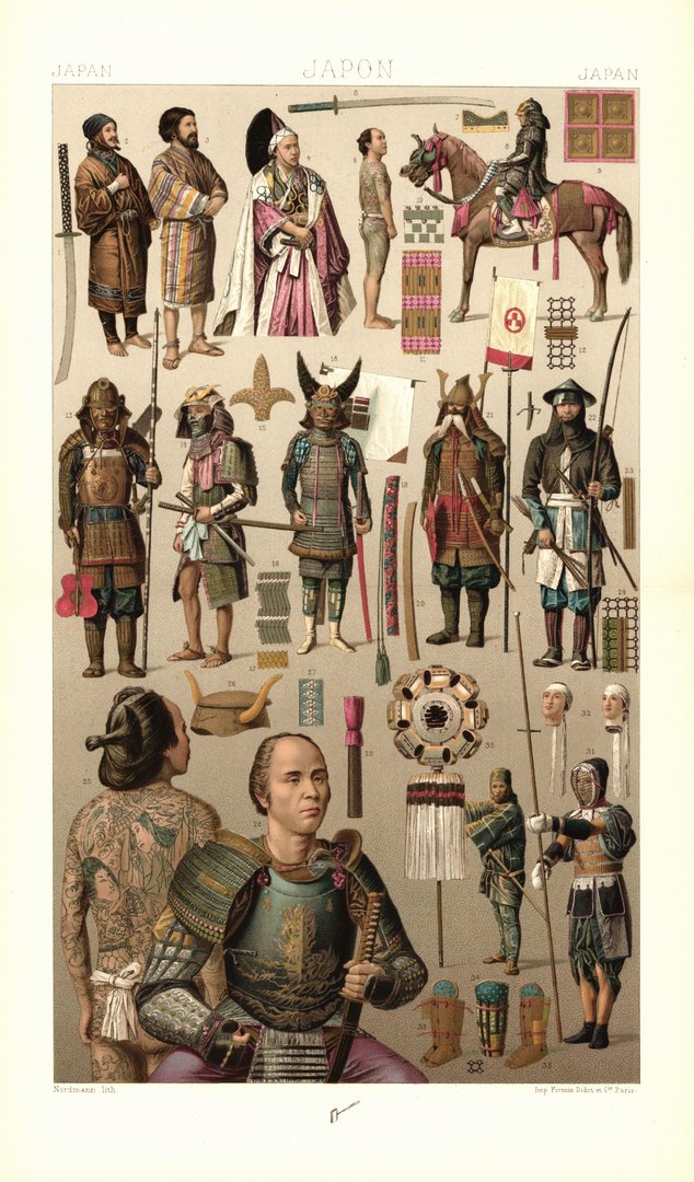 Japanischer Kriegsfürst, Samurai, Ainu, Rüstung, Waffen. Lithografie von 1888. (T96)