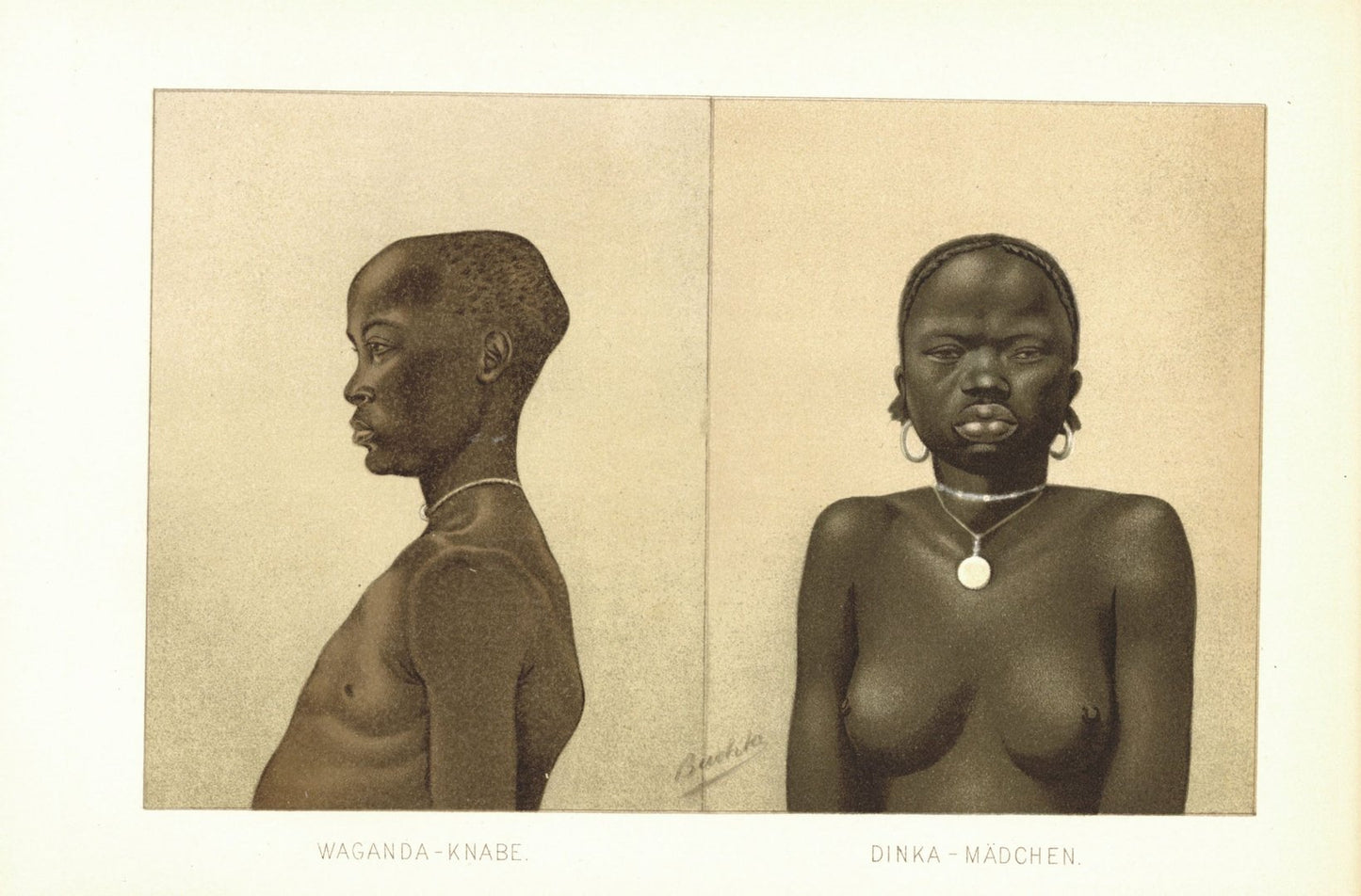 Waganda und Dinka, Völker Afrikas. Lithografie von 1888