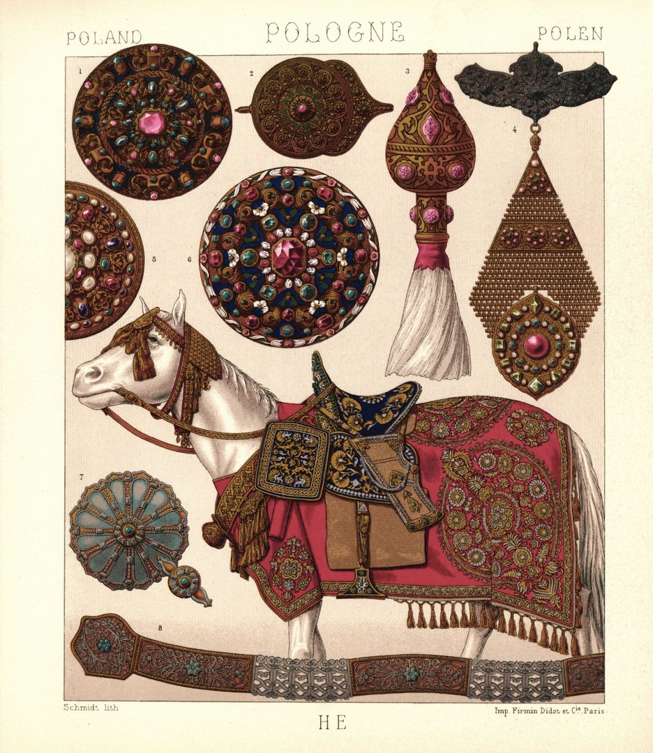 Polen. Streitross mit Schabracke, 17.-18. Jhd. . Lithografie von 1888. (T455)