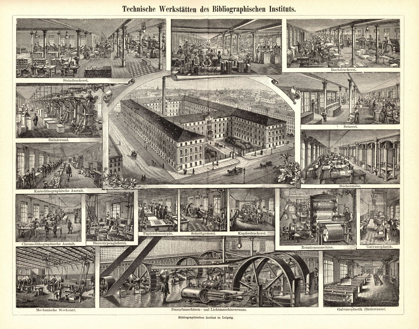Technische Werkstätten des Bibliographischen Instituts. Buchillustration (Stich) von 1897