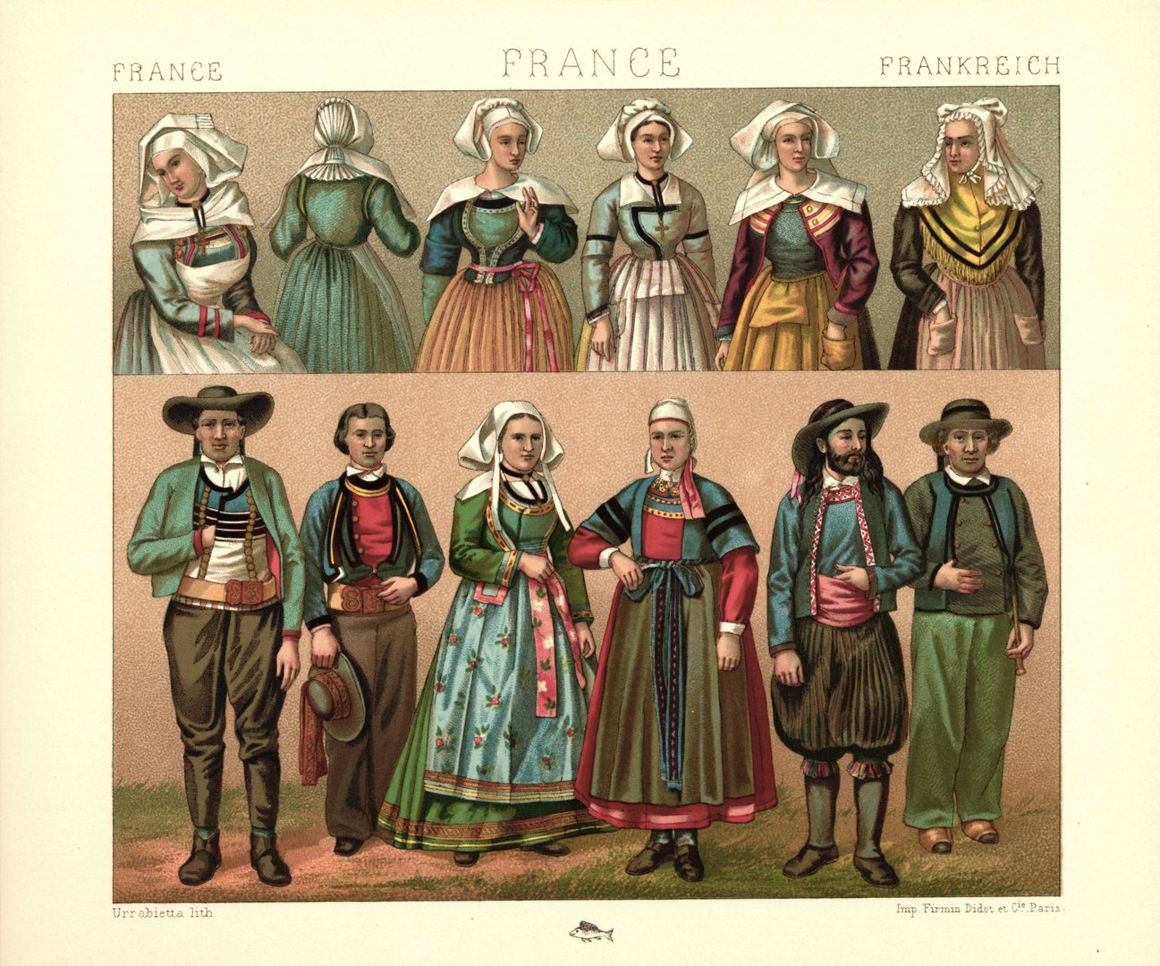 Frankreich. Bretagne. Trachten a. d. Departements Morbihan u. Finistre. Lithografie von 1888. (T492)