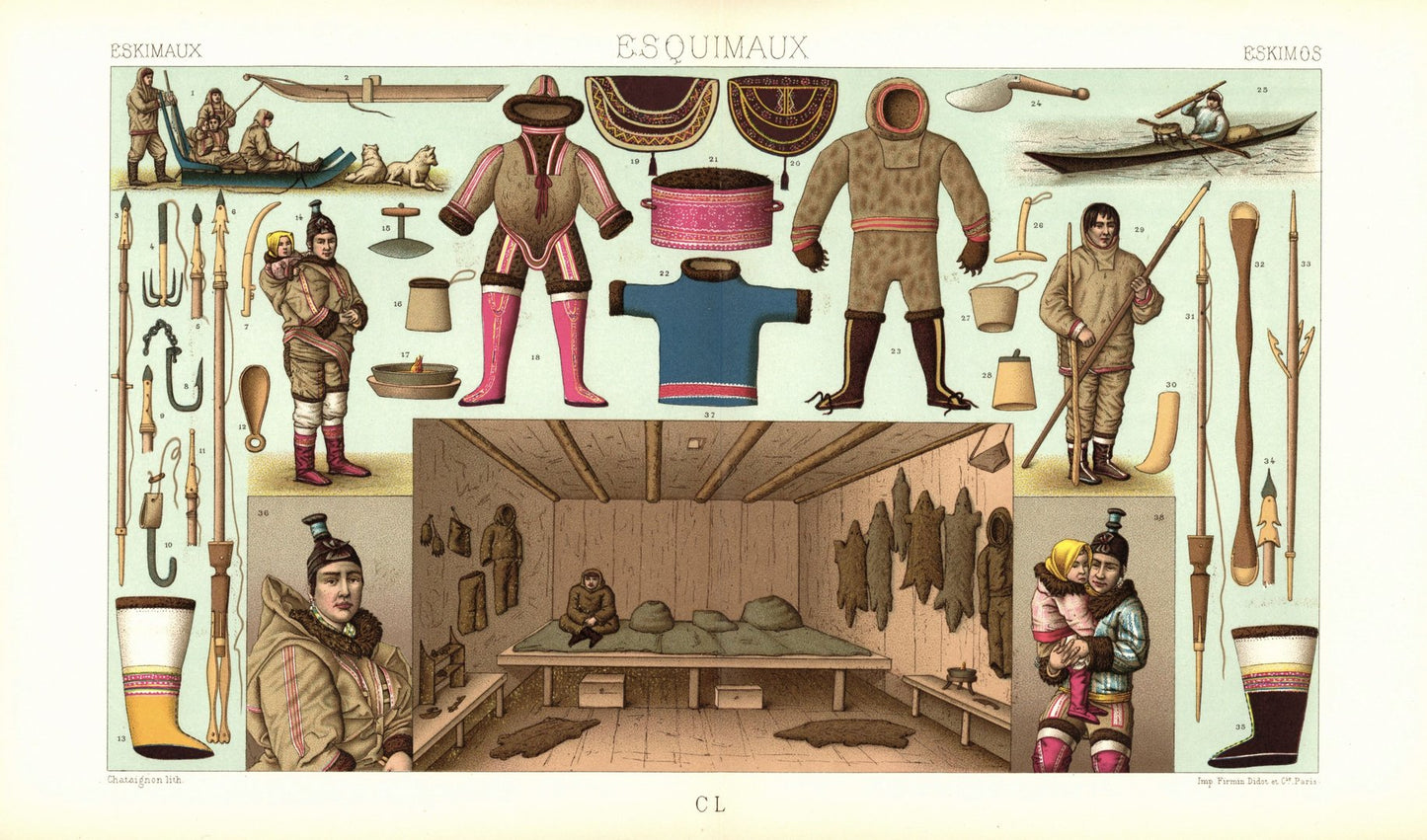 Eskimos, Inuit, Arktische Meeresfischer. Lithografie von 1888. (T83)