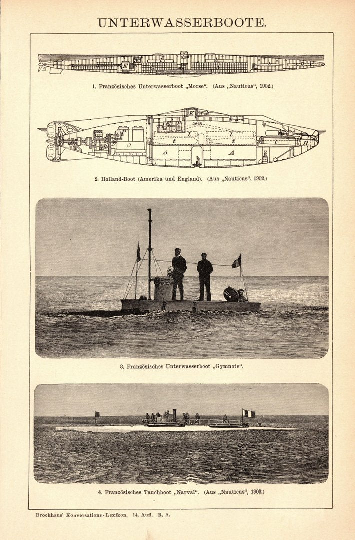 U-Boote, Unterwasserboote. Buchillustration (Stich) von 1904