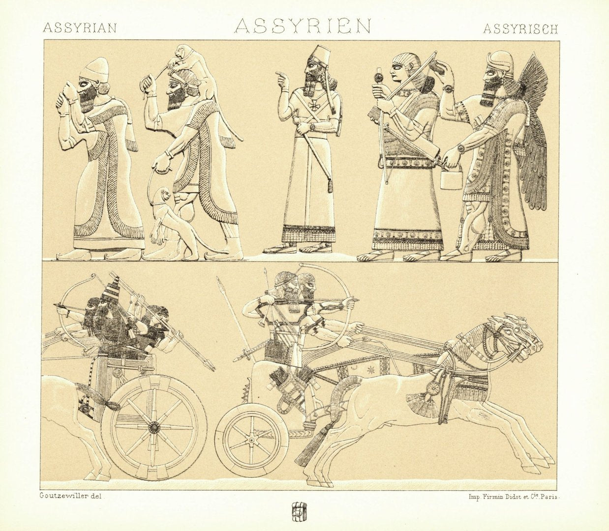 Assyrien. Streitwagen, Soldaten. Grafik von 1888