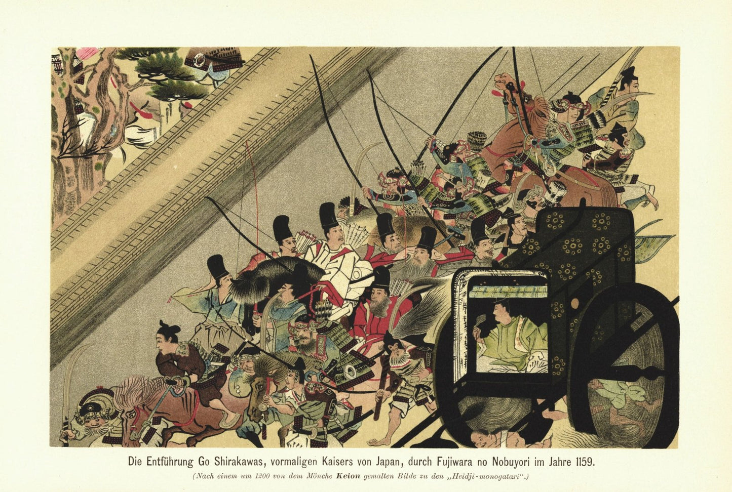 Entführung des vormaligen Kaisers von Japan im Jahr 1159. Lithografie von 1902