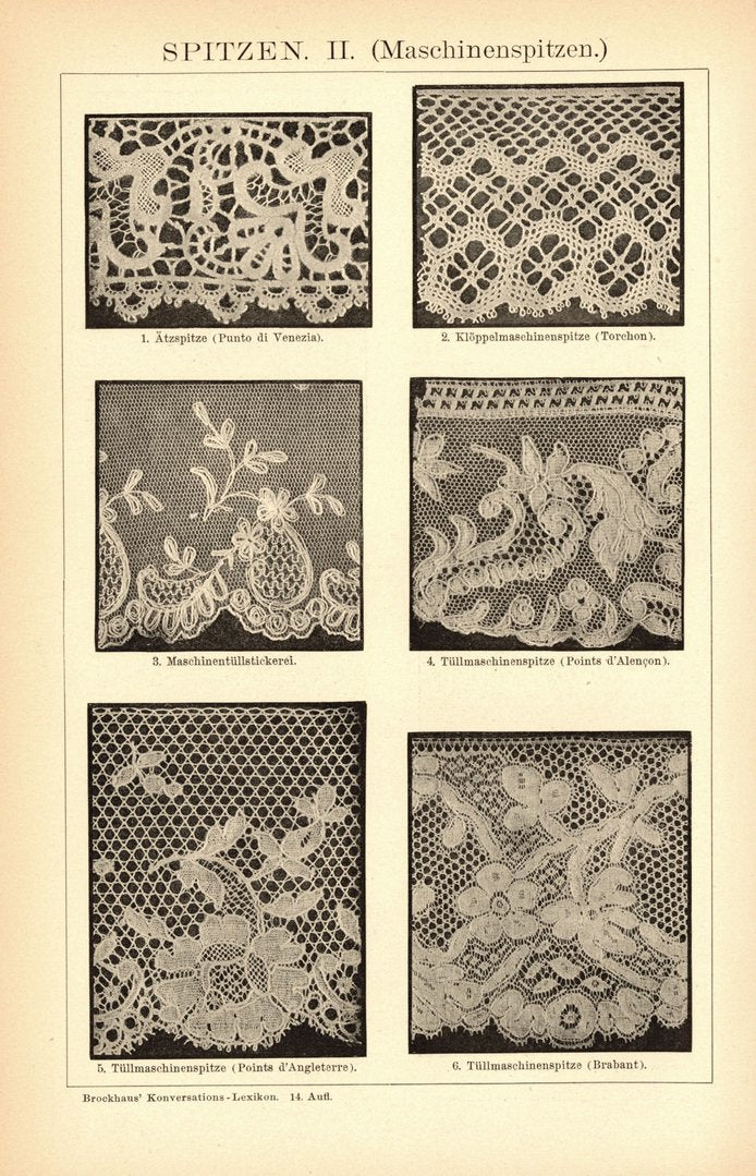 Spitzen, Hand- und Maschinenspitzen. Buchillustration von 1897