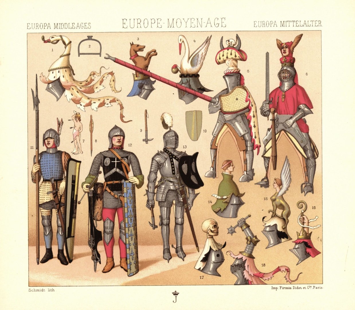 Mittelalter. Frankreich. 15. Jhd.Kriegs-, Tjost-, Turnieruniformen. Lithografie von 1888. (T219)