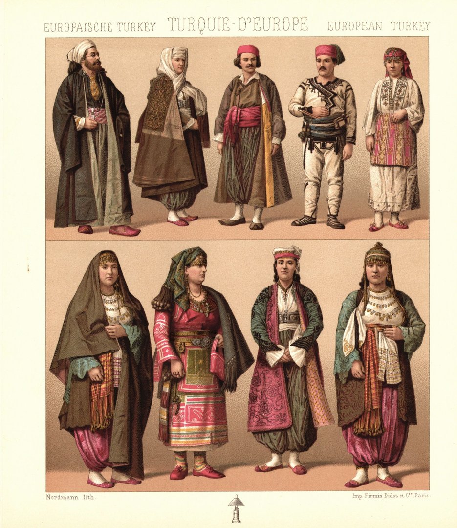 Europäische Türkei. Alltagstrachten, albanische Skipetaren. Lithografie von 1888. (T462)