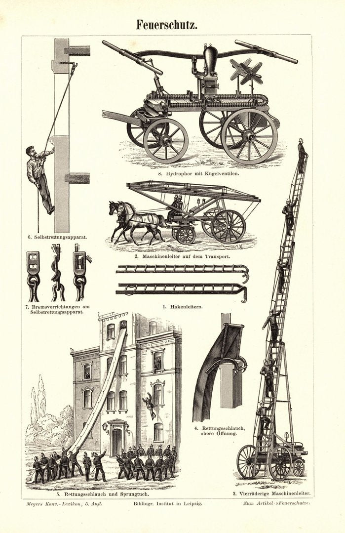 Feuerschutz, Feuerspritzen. Buchillustration (Stich) von 1895