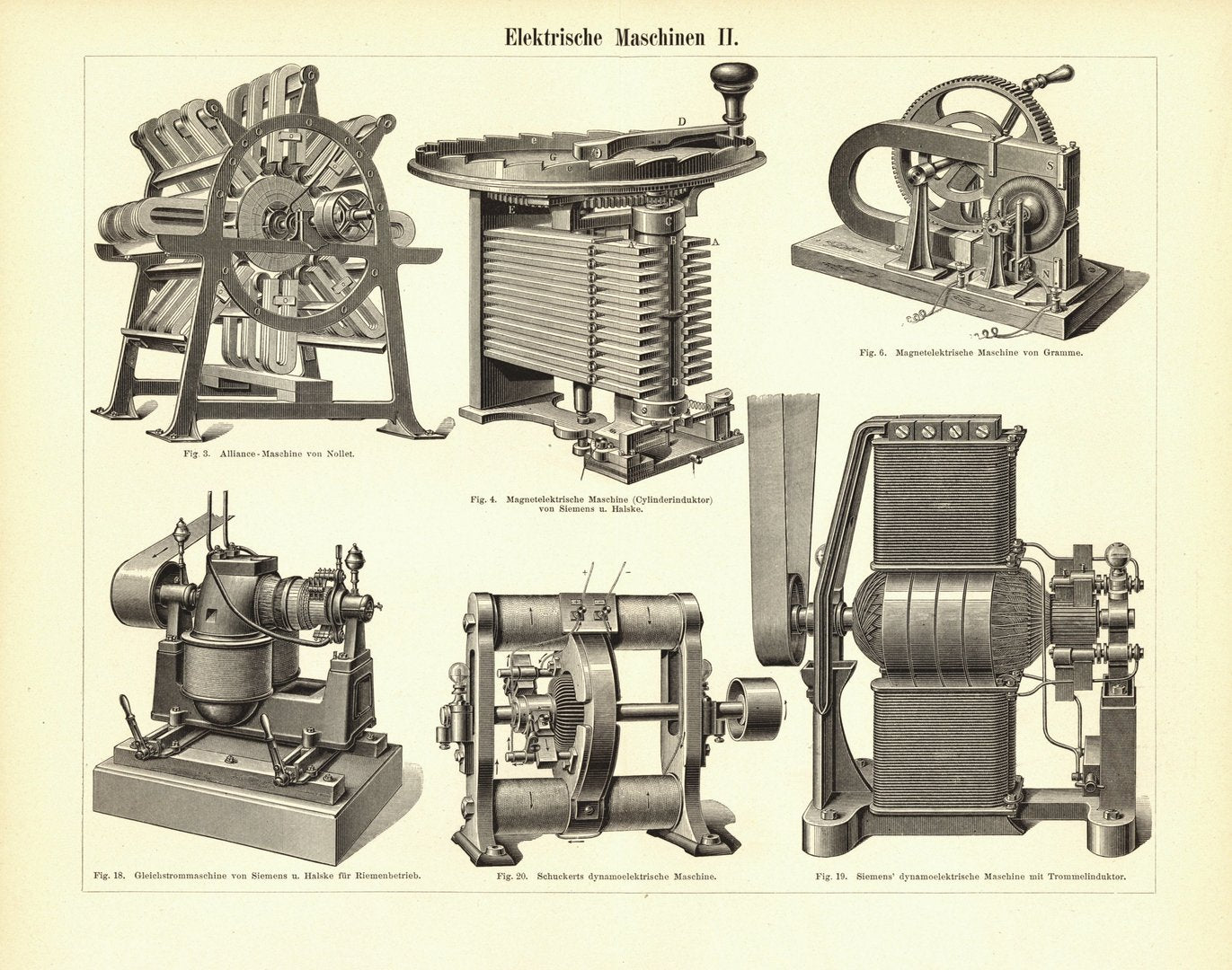 Elektrische Maschinen. Buchillustration (Stich) von 1894