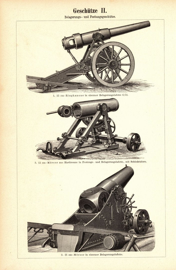 Geschütze, Feld- und Gebirgsgeschütze, Belagerungsgeschütze. Buchillustration (Stich) von 1895