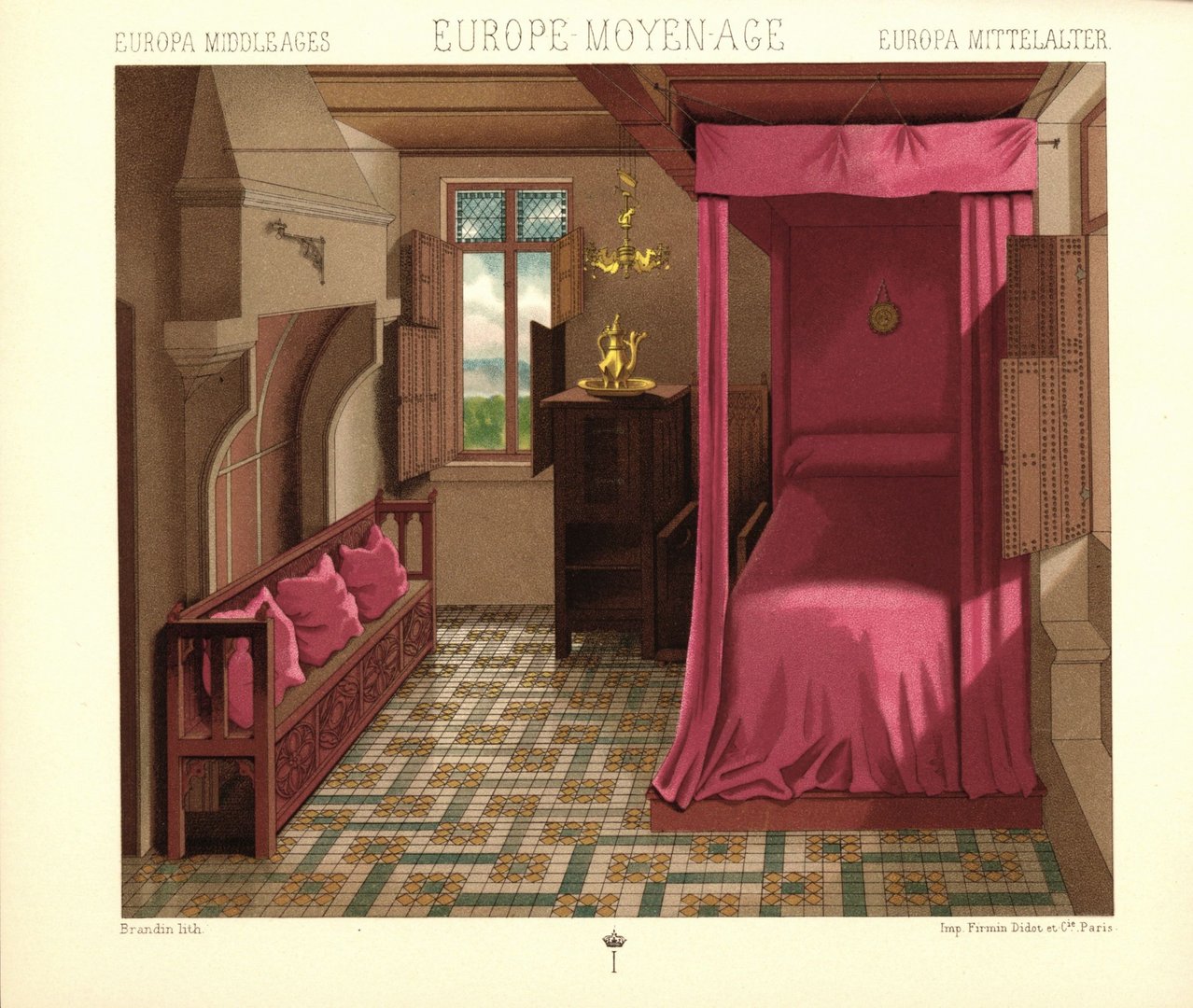 Flandern. Flämische Inneneinrichtung, Schlafzimmer, 15.Jhd. Lithografie von 1888. (T232)