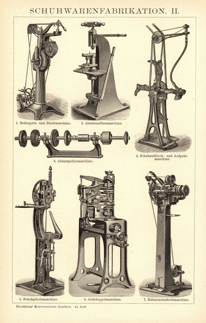 Schuhwarenfabrikation. Buchillustration (Stich) von 1897
