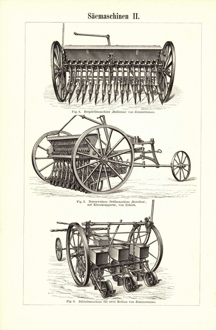 Sämaschine. Buchillustration (Stich) von 1897
