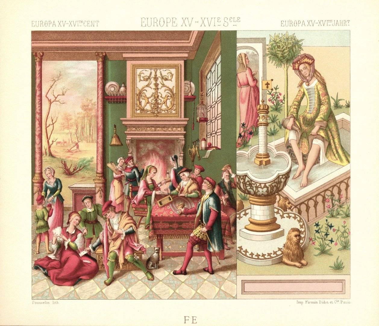 Europa. 15.-16. Jhd. Inneres eines Landsitzes. Halle, Hauspersonal. Lithografie von 1888. (T245)
