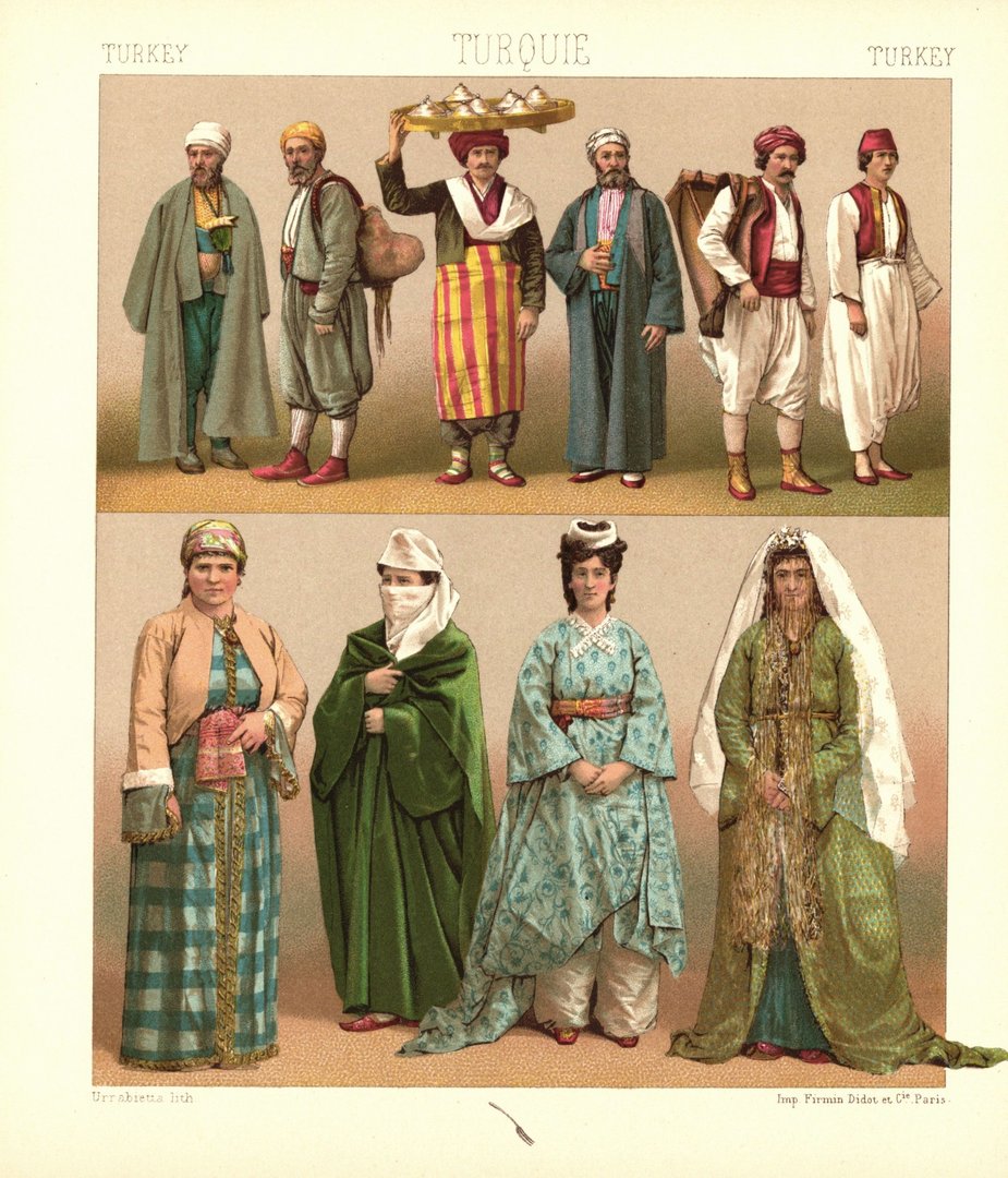 Türkei. Trachten aus Konstantinopel. 19. Jhd. Lithografie von 1888. (T175)