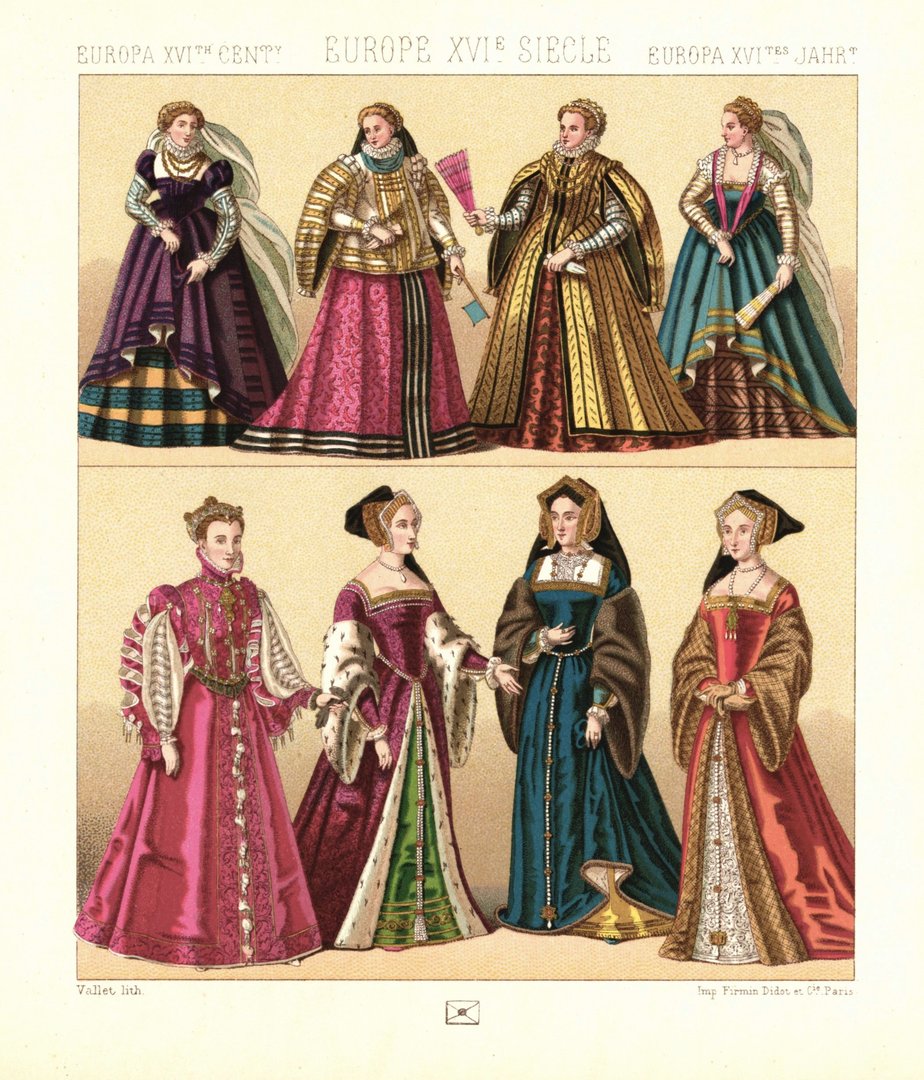 Europa. Historische Figuren, Frankreich, England, Italien. 16. Jhd. Lithografie von 1888. (T265)