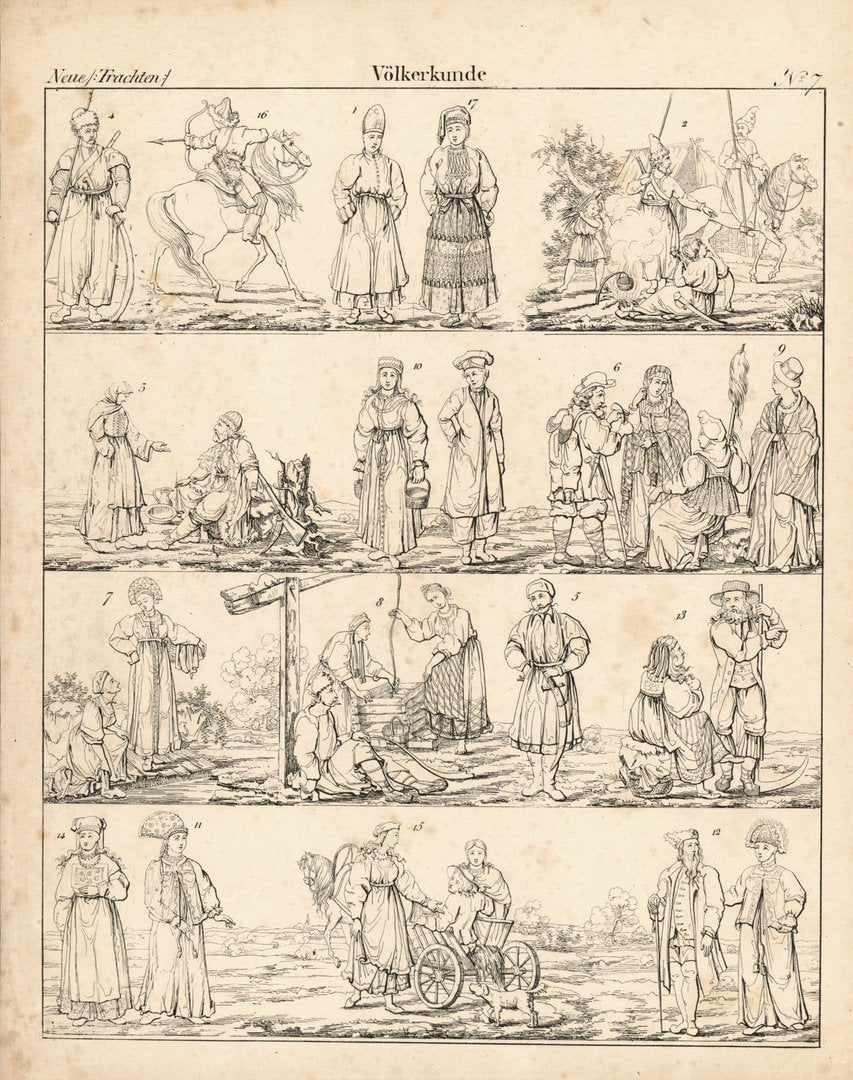 Kaukasische stämme, Neue Trachten, Völkerkunde Nr. 7. Lithografiertes Blatt von 1830.