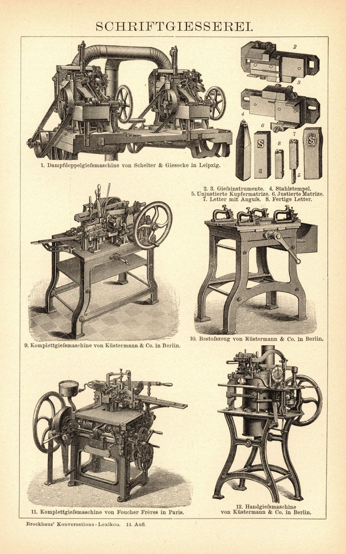 Schriftgiesserei. Buchillustration (Stich) von 1897