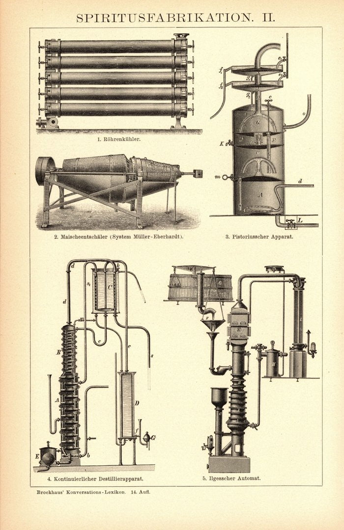 Spiritusfabrikation. Buchillustration (Stich) von 1897