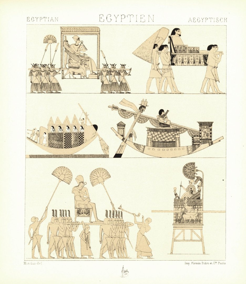 Ägypten. Sänften und Schiffe, Throne u.a. Grafik von 1888