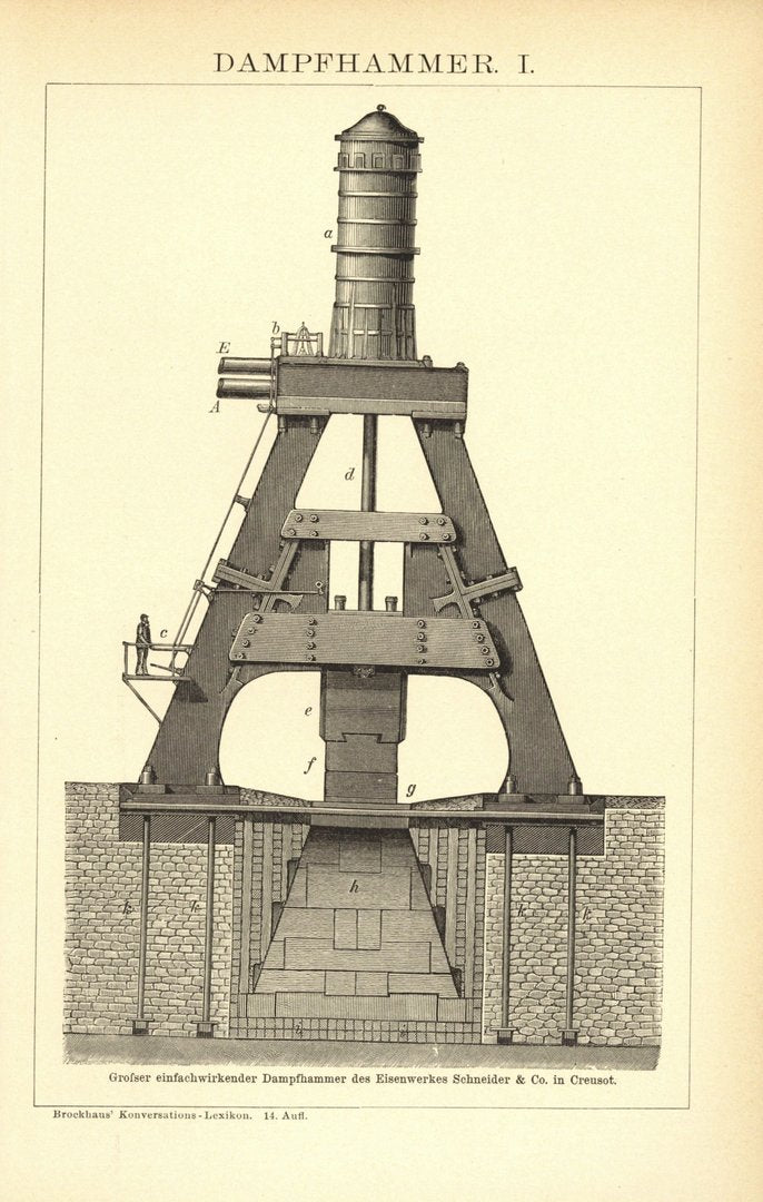 Dampfhammer. Buchillustration (Stich) von 1897